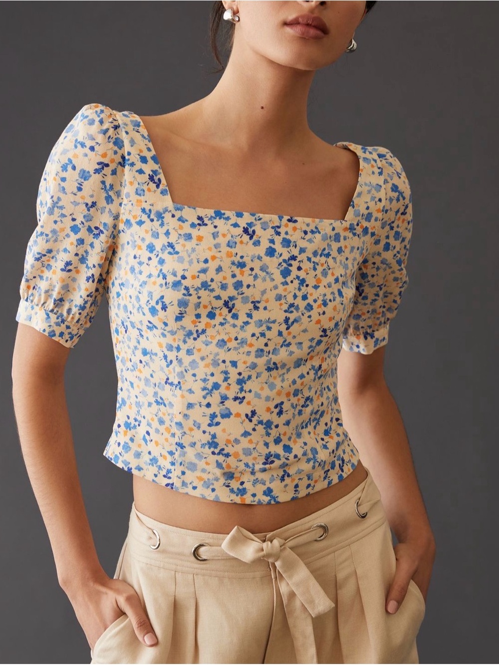 Favorite Daughter Floral Square-Neck Top in Cream, Blue and Orange